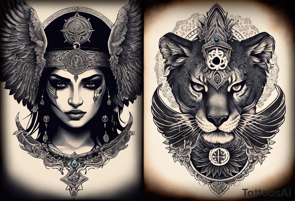 black kali, goddess pirate, alien, angel, pachamama, valkrye, warrior, flying, skull, lotus azul, wing, eagle, zenza resonance, stars, 5D, anahata chakra, death, durga, riding on a tiger, flying lady, kundalini, chest tatoo tattoo idea