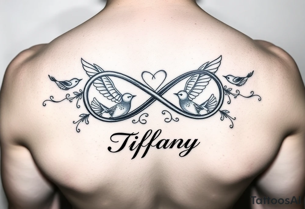 Infinity symbol with birds and the name Tiffany tattoo idea