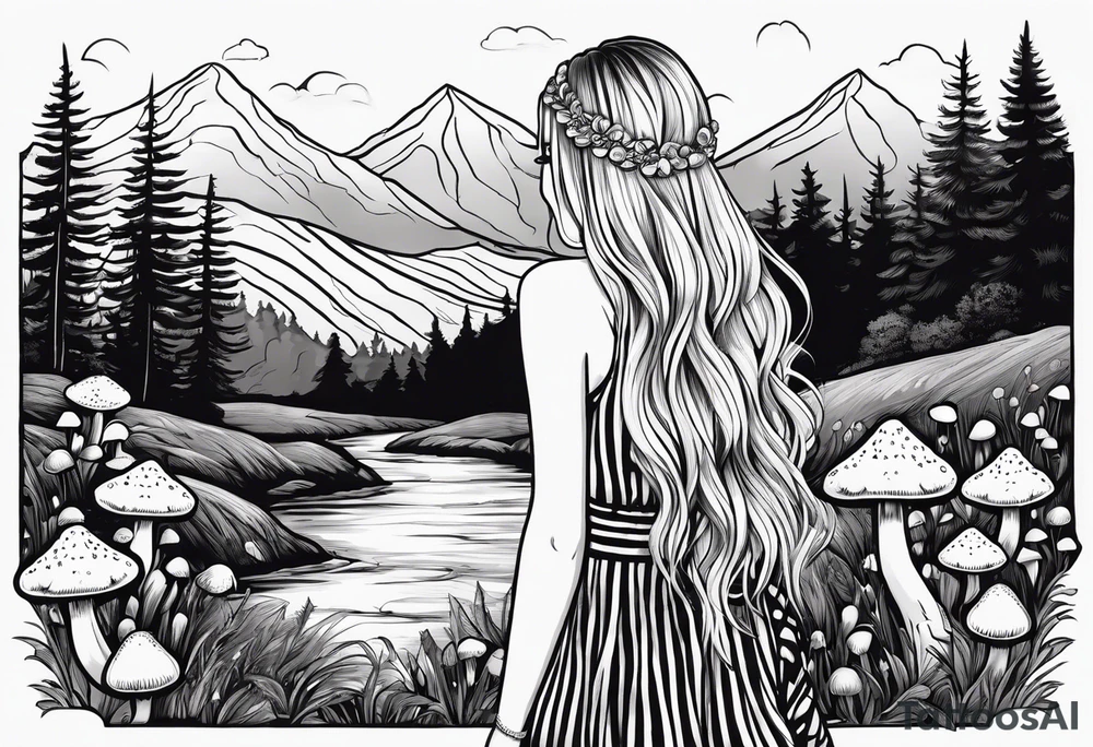 Straight long blonde hair hippie girl in distance holding mushrooms in hand facing away toward mountains and creek surrounded by mushrooms black and white striped dress tattoo idea