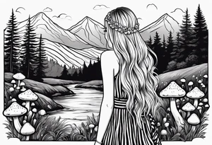 Straight long blonde hair hippie girl in distance holding mushrooms in hand facing away toward mountains and creek surrounded by mushrooms black and white striped dress tattoo idea