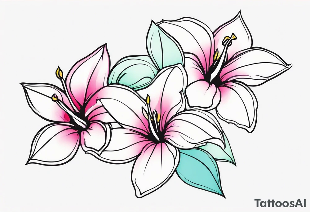 abstract mandevilla flowers on a vine, with color leaking out into the background. SOme of the flowers should be full color, and some just linework. It should have a handdrawn, sketch feel. tattoo idea