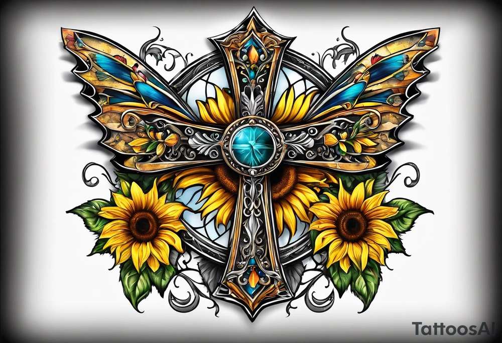 Winged cross with sunflower and butterflies tattoo idea