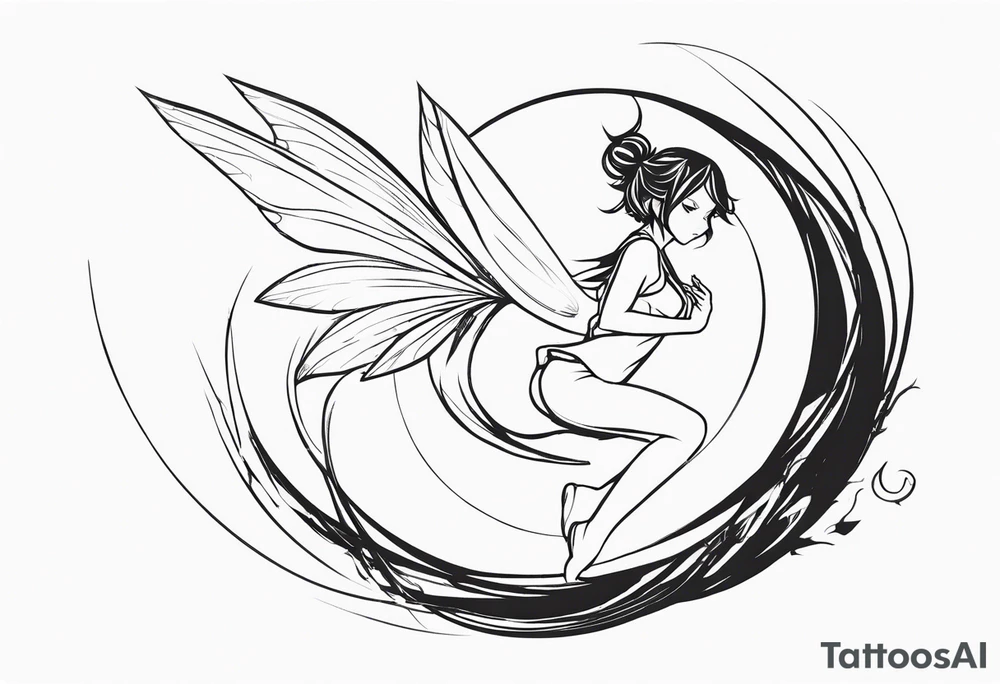 No color sideways sketch of a fairy with a tail inspired by the guild symbol in the anime show called Fairy Tail in a fetal position leaning forward while crawled in with hands a bit forward and her body is an angle while floating in the air tattoo idea