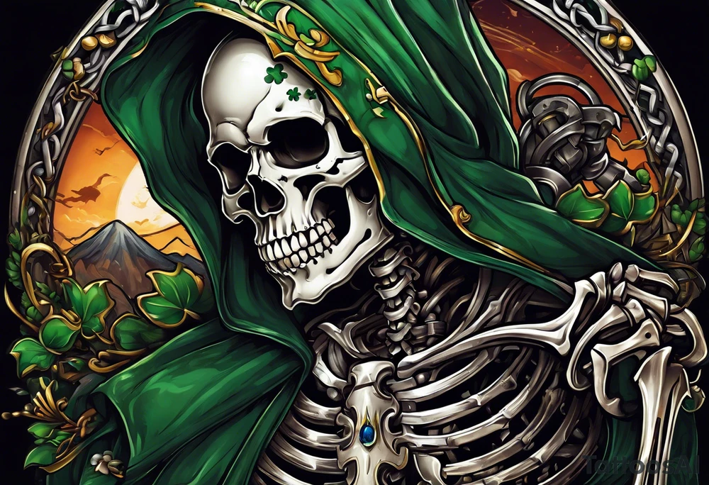 full color illustration of an irish skeleton pulling on a chain fall tattoo idea