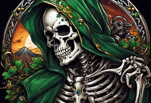 full color illustration of an irish skeleton pulling on a chain fall tattoo idea