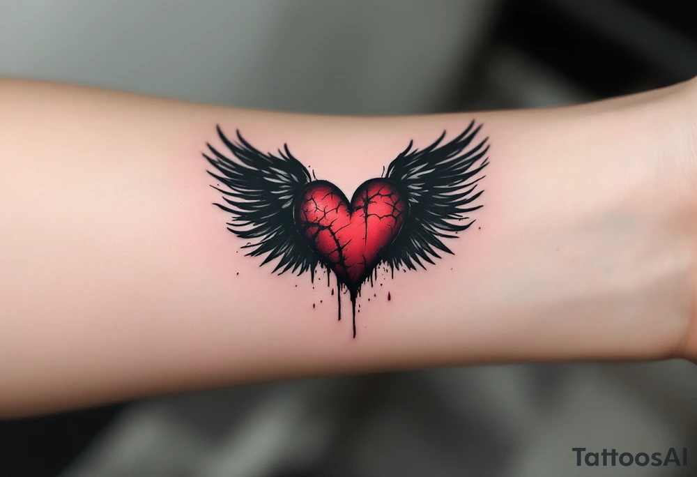 Grunge Heart with Raven Wings – A dark, distressed heart in deep crimson with jet black raven wings that appear to have been scorched, symbolizing passionate yet turbulent love. tattoo idea