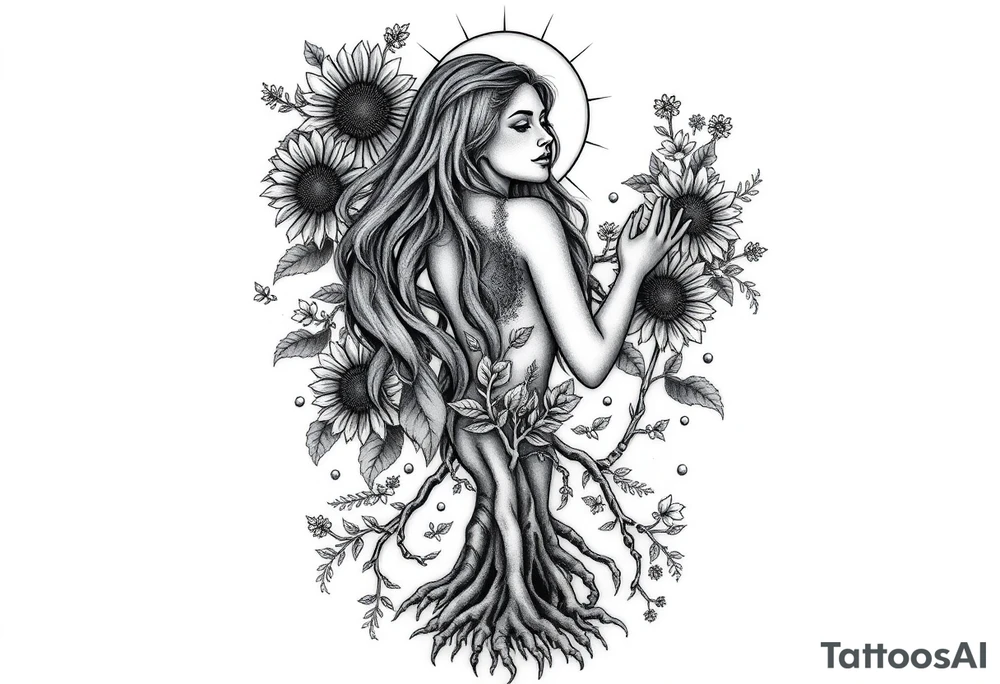 Realistic black and grey back tattoo design of Mother Earth surrounded by flowing sunflowers, wildflowers, vines, and glowing celestial elements. She has a calm, powerful face, long wavy hair blending into the plants, and is cradled by vines. Her hands are raised toward a radiant sun above her head. At the bottom, tree roots grow from her lower body, grounding her. The composition is vertical, ethereal, sacred, and feminine. Smooth shading, sculptural style, no cartoon features. High-detail, made for a full back piece. It should be the full body of Mother Earth going down the spine tattoo idea