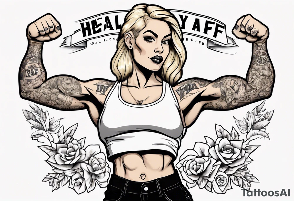 Blonde tattooed woman flexing her biceps with the words healthy AF in a banner tattoo idea