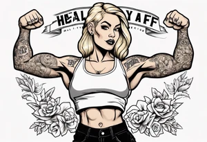 Blonde tattooed woman flexing her biceps with the words healthy AF in a banner tattoo idea