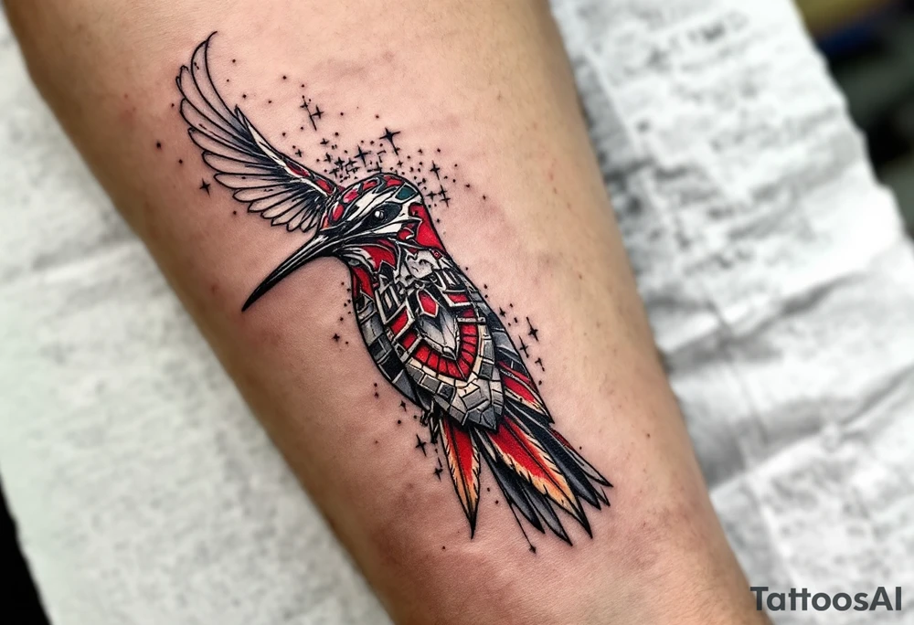 A hummingbird with one side appearing normal and the other side carved in Egyptian stone (red and black only) tattoo idea