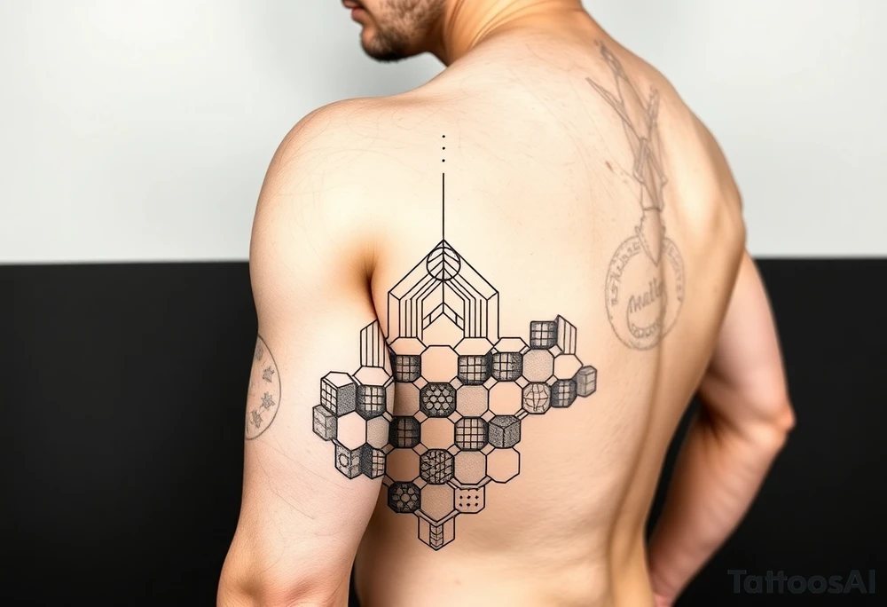 design a full “sleeve” tattoo that consists of a base layer of abstract hexagon pattern overlaid with a little blackwork abstract while incorporating the top tattoo and integrating slight biomech designs tattoo idea