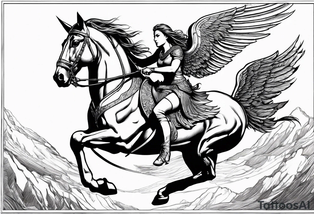 Valkyrie on winged Pegasus, flight, holding spear tattoo idea