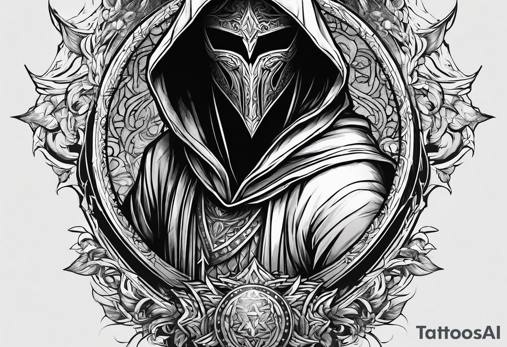 Hooded figure with no face carrying wooden staff with gem on top and wearing a long tattered cloak tattoo idea