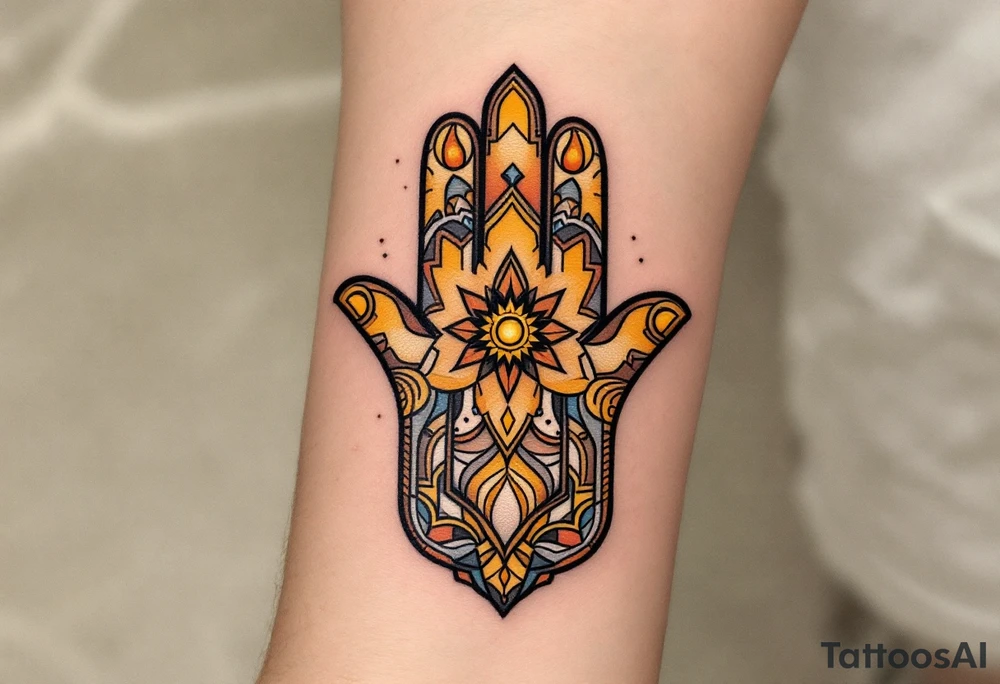 A desert-toned Hamsa in warm shades of terracotta, orange, and brown, reflecting the sacred energy of the earth. tattoo idea