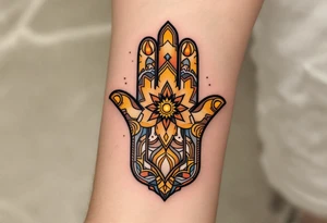 A desert-toned Hamsa in warm shades of terracotta, orange, and brown, reflecting the sacred energy of the earth. tattoo idea