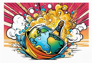 A champagne bottle exploding above the earth tattoo idea