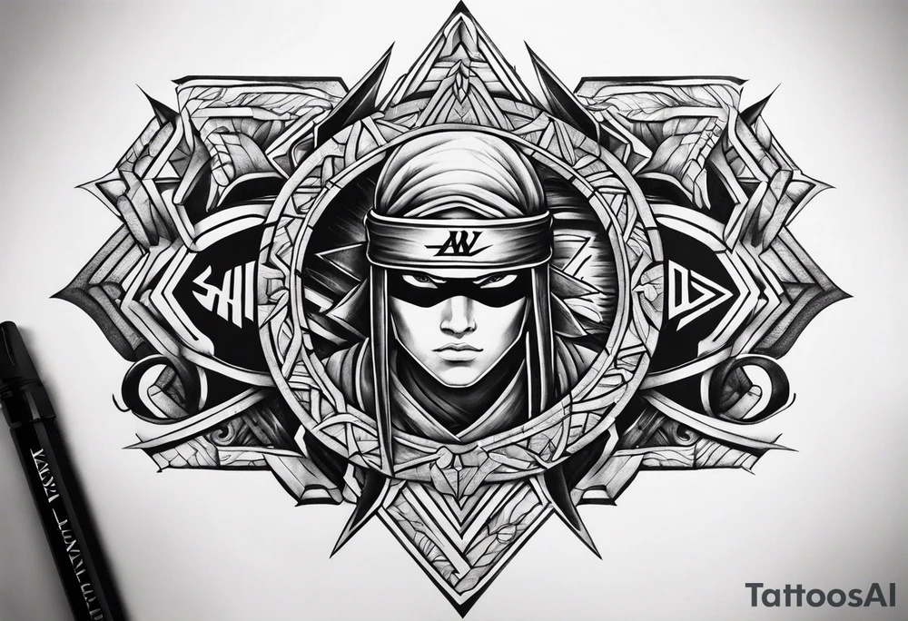 the letters A W R in the middle of a ninja headband tattoo idea