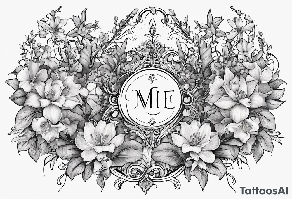 The words, "All the Things. Everywhere." Surrounded by vines and Lilly of the Valley and Larkspur flowers tattoo idea