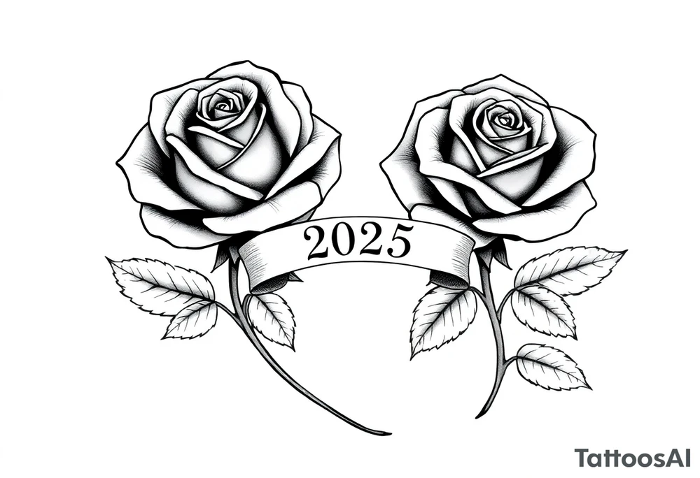 two beautiful large rose buds, one larger than the other, with many leaves next to the rose buds, with one sitting higher than the other. Include a banner connecting the two roses with the year "2025" on it.   Use dark outlines with little shading. The two stems should be short, not long, and connect and join into one stem, whimsically curved or twisted - not straight down. tattoo idea