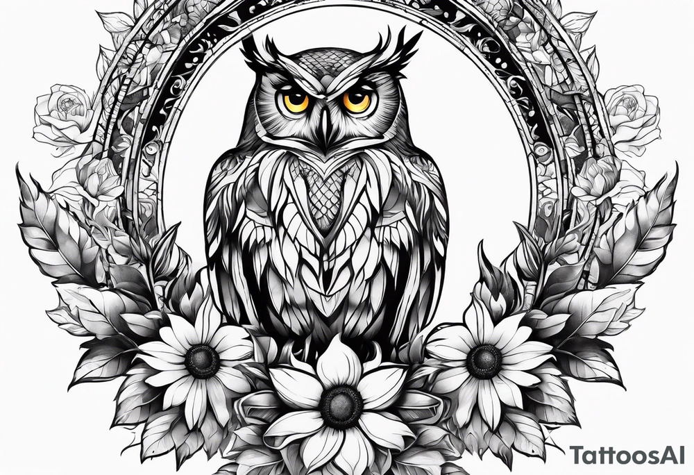 Owl and sunflower sleeve tattoo idea