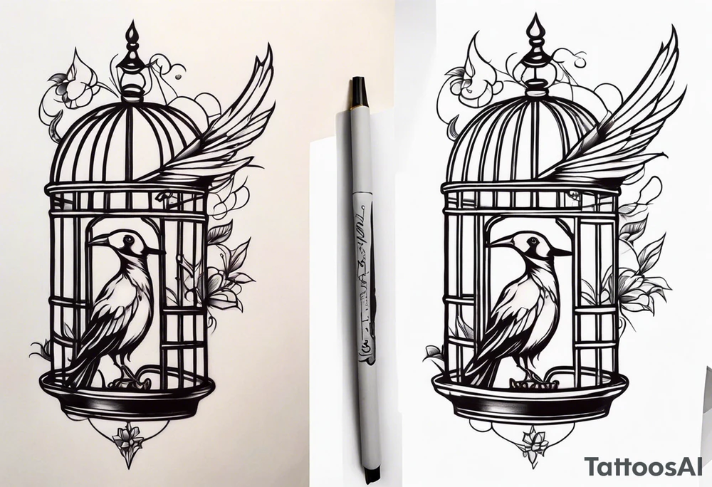 neo traditional decoration only on the left side, on the top of a long bird cage tattoo idea