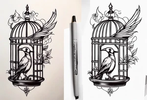 neo traditional decoration only on the left side, on the top of a long bird cage tattoo idea