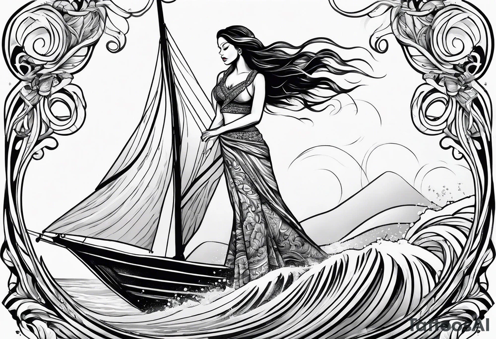 Hula girl on a sailboat with waves tattoo idea