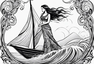 Hula girl on a sailboat with waves tattoo idea