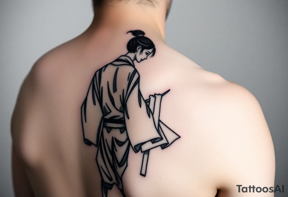 An abstract tattoo of a guy in a kimono walking forward while a girl pushes him from behind. tattoo idea