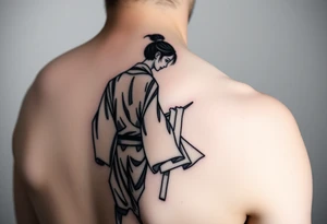 An abstract tattoo of a guy in a kimono walking forward while a girl pushes him from behind. tattoo idea