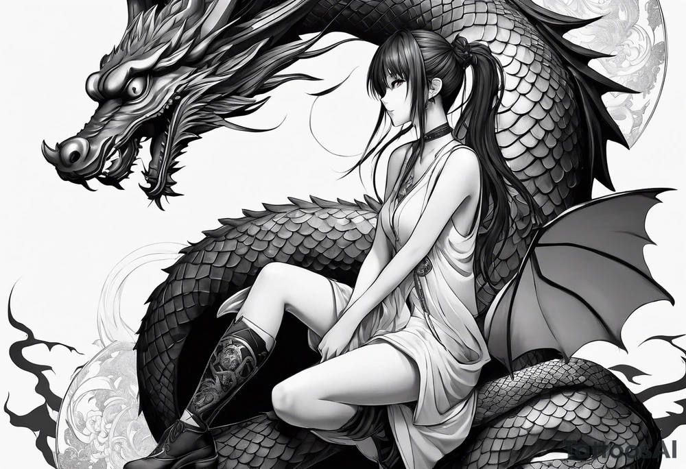 a full shot of an anime girl seen from far, sitting on a ball and surrounded by asian dragon with wings tattoo idea