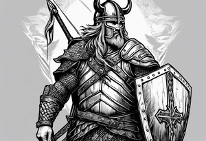 A viking in armor except the helmet on the brink of death pierced with arrows propping himself up with his sword on a seemingly bleak battlefield while still looking up with hope tattoo idea