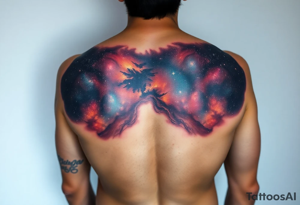 Beautiful and epic 3d milky way that appears to be what is beneath the skin. Make it drape over the shoulder and move to the middle back. use negative spaces to create stars and dust. Incorporate God breathing life into the universe. Keep it symmetrical tattoo idea