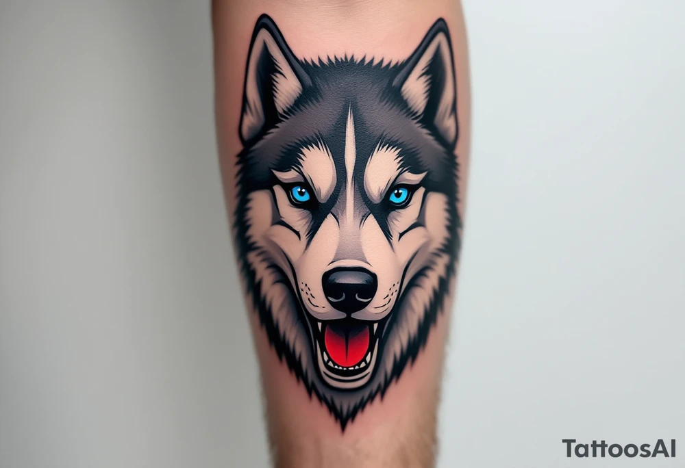 Traditional-Style Husky Head – Bold black outlines, solid gray and white fill, blue eyes with a red background circle and minimal shading. tattoo idea