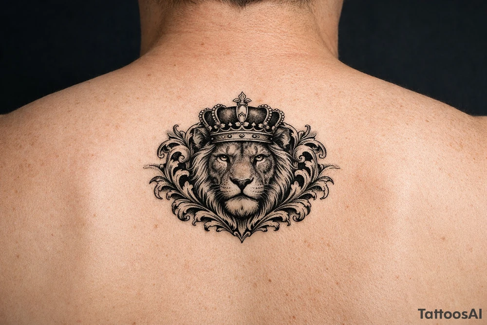 powerful majestic lion with a crown, framed by ornate floral scrollwork tattoo idea