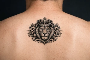 powerful majestic lion with a crown, framed by ornate floral scrollwork tattoo idea