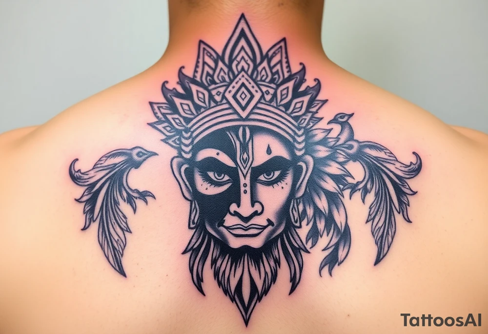 lord murugan colorful face tattoo with peacock tattoo idea