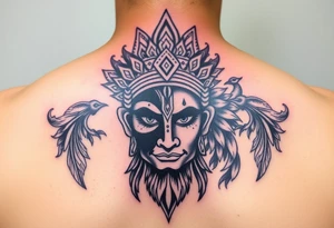 lord murugan colorful face tattoo with peacock tattoo idea