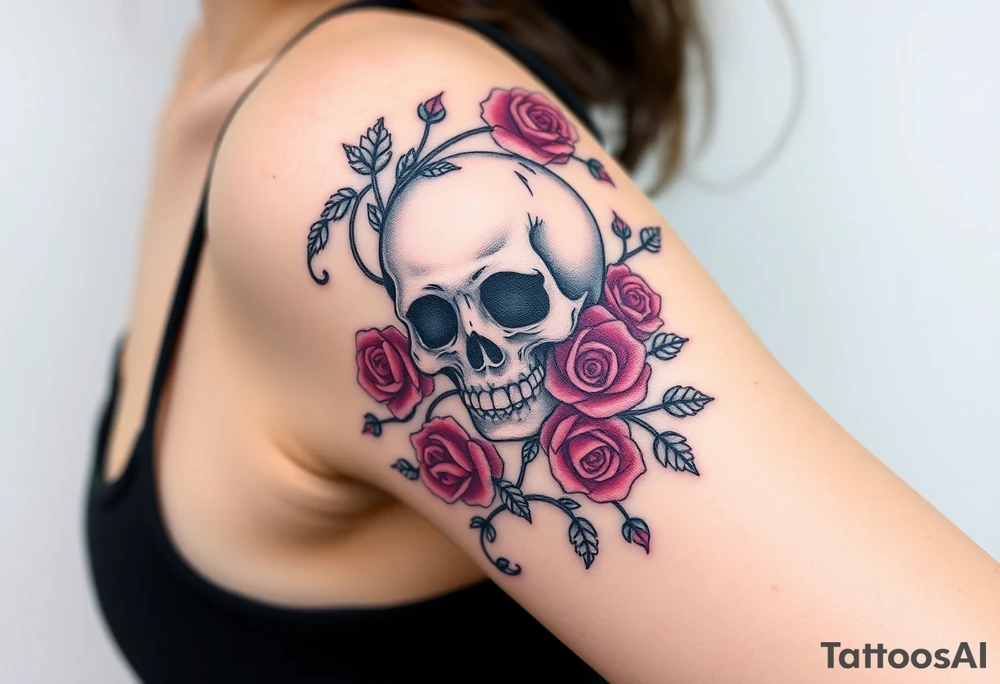 gothic skull intertwined with climbing roses and thorny vines tattoo idea