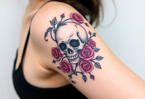 gothic skull intertwined with climbing roses and thorny vines tattoo idea