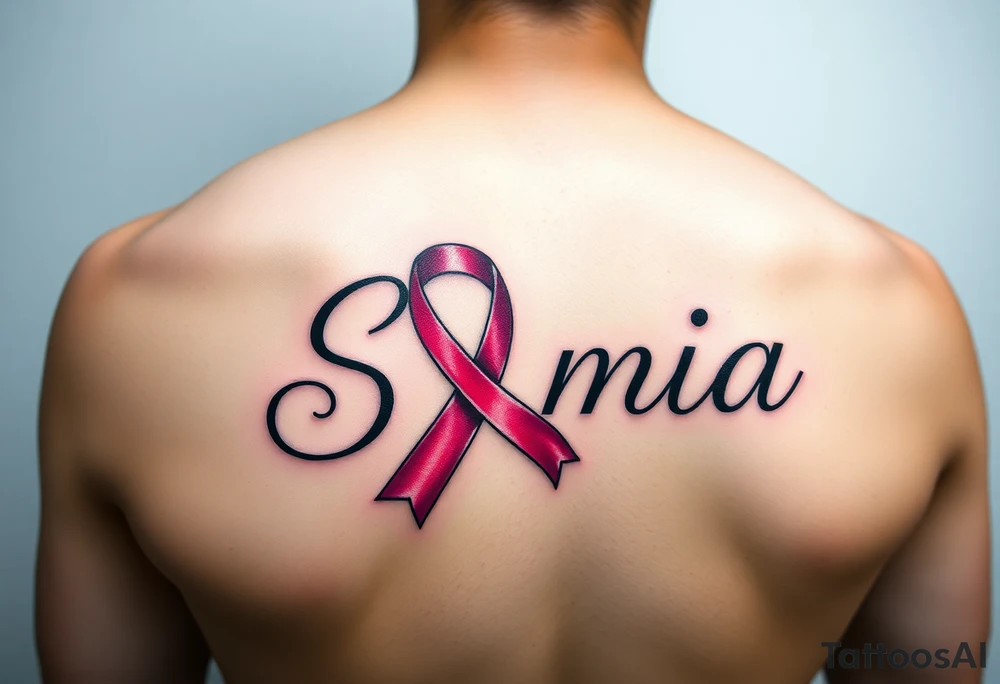 The name Samia. With a breast cancer (in pink) ribbon flowing off the last a. tattoo idea