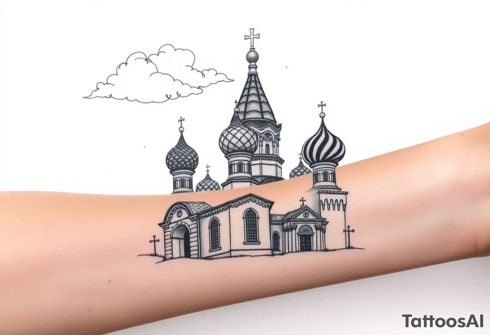 highly detailed Russian Orthodox cathedral with onion domes and orthodox crosses, done in fine line, engraving-like style. Cohesive composition, black ink only, no color, high contrast, slightly aged, documentary-style, plain light background. with clouds above it and a virgin mary over looking tattoo idea