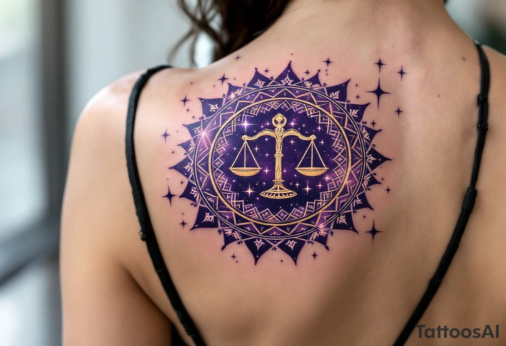 A  cosmic mandala in deep purple encircles the Libra star constellation with the zodiac glyph at its heart. tattoo idea