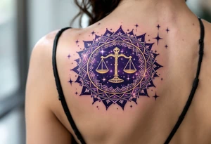 A  cosmic mandala in deep purple encircles the Libra star constellation with the zodiac glyph at its heart. tattoo idea