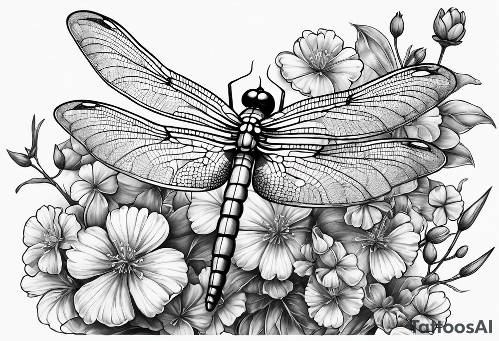 Dragon fly with clover flowers behind it tattoo idea