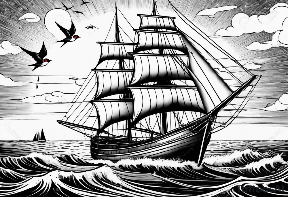Swallows, sail boat, the ocean tattoo idea