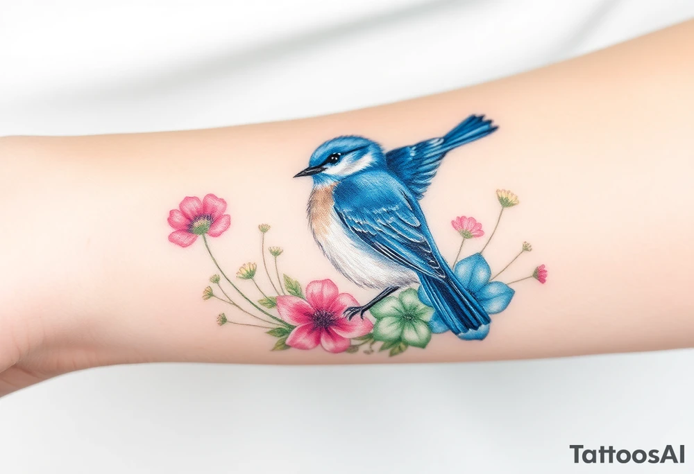 Puffy bluebird surrounded by wild flowers tattoo idea