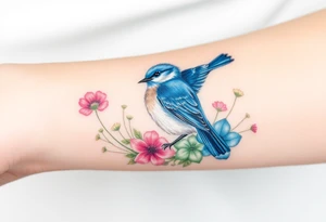 Puffy bluebird surrounded by wild flowers tattoo idea