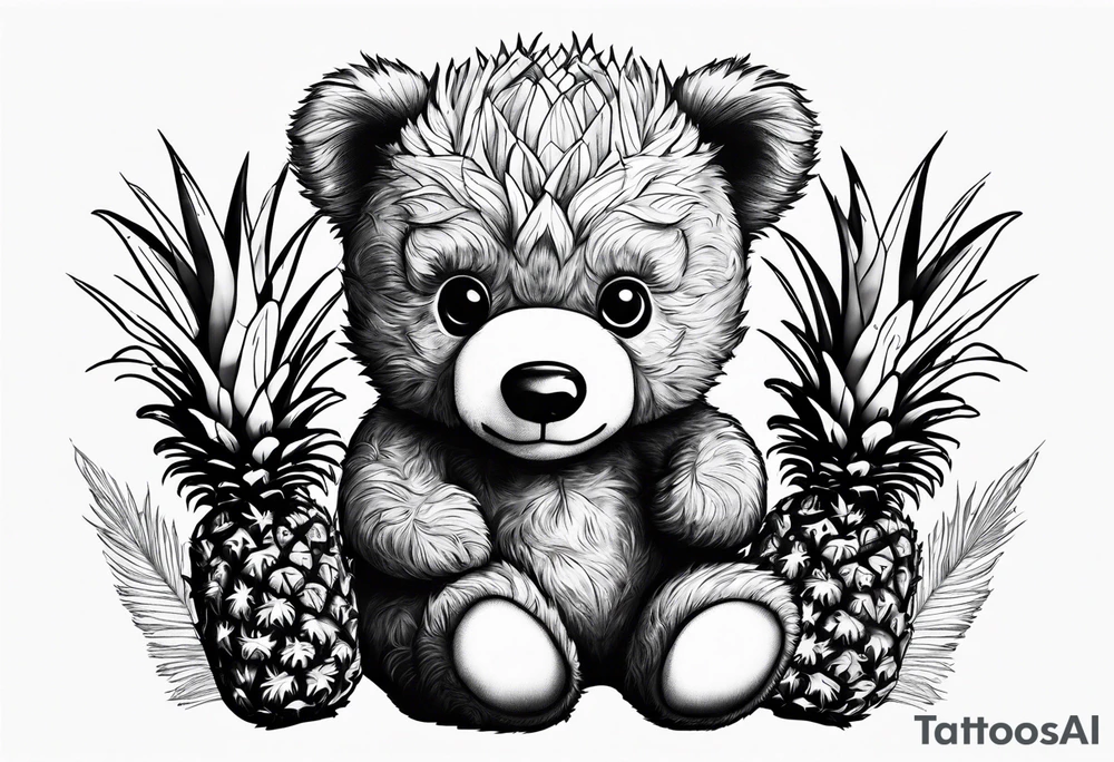 Teddy Bear biting pineapples tattoo idea