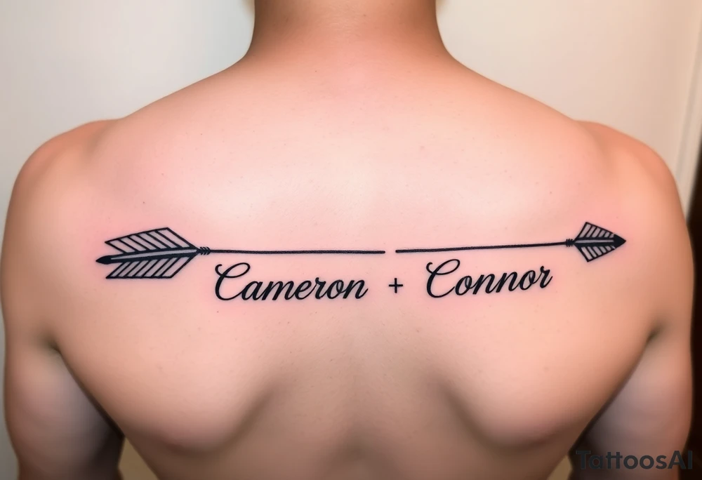 two feminine fine line bow arrows one with the name Cameron and the other with the name Connor tattoo idea